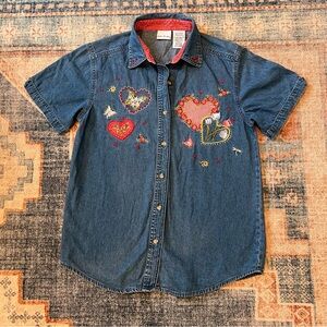 Vtg Bobbie Brooks Denim Button Down Short Sleeve Shirt with Embroidery Hearts
